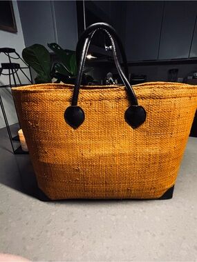 Woven Jute Tote Bag with Black Leather Handles Large